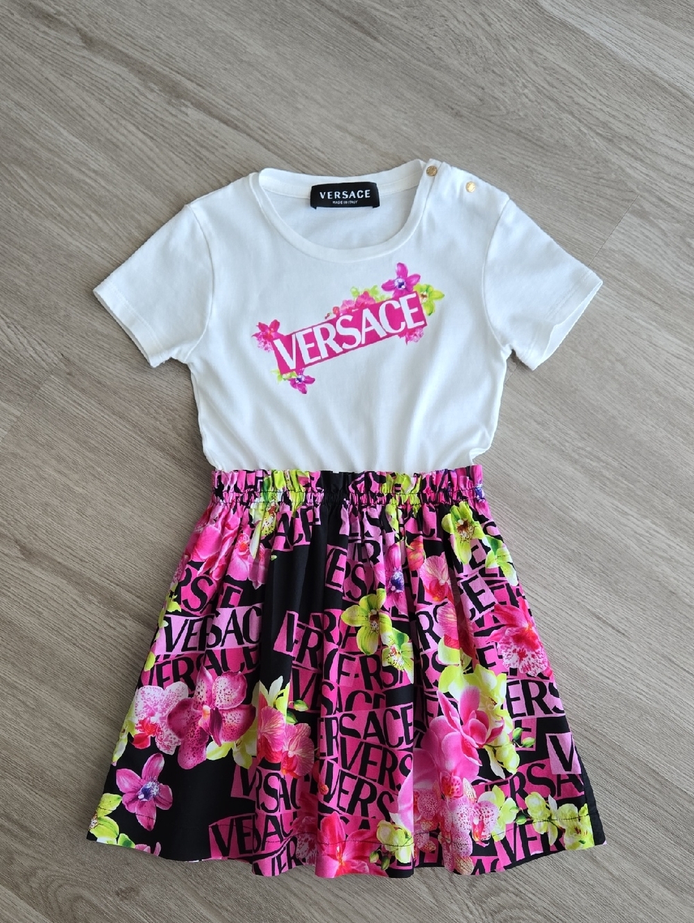 Versace Girls White, Pink & Neon Floral Logo Dress, Made In Italy, Size 3y